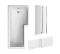 Balterley 1700 x 850mm L Shape Shower Bath with Leg Set, 2 Panel Chrome Center Hinge Shower Screen & L Shaped Bath Panel, Right Hand Single Ended Gloss White Soaking Baths, Acrylic Baths (White)