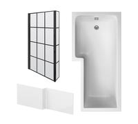 Balterley L Shape 1700x850 Shower Bath Set - Panel & Black Grid Return Screen LH in White Balterley White