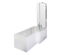 Balterley 1500 x 850mm L Shape Shower Bath with Leg Set, Chrome Fixed Return Shower Screen & L Shaped Bath Panel, Right Hand Single Ended Gloss White Soaking Baths, Acrylic Baths (White)