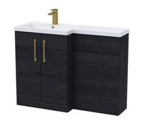 Balterley Left-Hand Bathroom Vanity And Wc Unit Combination With Basin - 1100mm - Woodgrain Black With Brushed Brass Handles