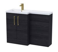 Balterley Left-Hand Bathroom Vanity And Wc Unit Combination With Basin - 1100mm - Woodgrain Black With Brushed Brass Handles
