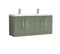 Balterley Level 1200 mm Wall Hung 4 Door Double Basin Vanity Unit with Handles for Modern Bathroom Storage - Satin Green