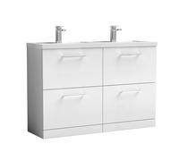 Balterley Level 1200mm Floor Standing 4 Drawer Vanity Unit with Double Basin, Handles & Overflow for Bathroom Storage Gloss White