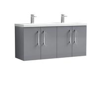 Balterley Level 1200mm Wall Hung 4 Door Double Basin Vanity Unit for Modern Bathroom Storage - Satin Grey