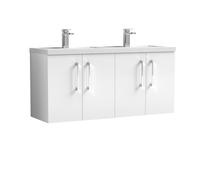 Balterley Level 1200mm Wall Hung 4-Door Vanity Unit With Double Basin For Modern Bathroom Storage - Gloss White