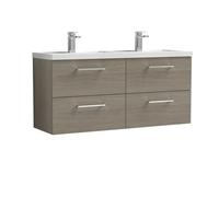 Balterley Level 1200mm Wall Hung 4 Drawer Vanity Unit & Double Basin For Modern Bathroom Storage - Solace Oak