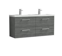 Balterley Level 1200mm Wall Hung 4 Drawer Vanity Unit, Double Polymarble Basin for Modern Bathroom Storage - Anthracite Woodgrain