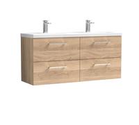 Balterley Level 1200mm Wall Hung 4 Drawer Vanity Unit with Double Basin for Modern Bathroom Storage - Bleached Oak