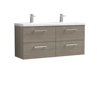 Balterley Level 1200mm Wall Hung 4 Drawer Vanity Unit with Double Basin for Modern Bathroom Storage - Solace Oak