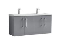 Balterley Level 1205mm Wall Hung 4 Door Vanity Unit with Double Polymarble Basin for Modern Bathroom Storage - Satin Grey