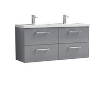 Balterley Level 1205mm Wall Hung 4 Drawer Vanity Unit with Double Polymarble Basin for Modern Bathroom Storage - Satin Grey