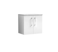 Balterley Level 600mm Wall Hung 2 Door Vanity Unit With Laminate Worktop For Compact Contemporary Bathroom Storage - Gloss White