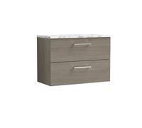 Balterley Level 800mm Wall Hung 2 Drawer Vanity Unit with Laminate Worktop for Stylish Compact Bathroom Storage Solace Oak