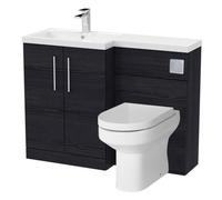 Balterley Vanity Unit with Basin, WC Unit with Toilet Pan, Seat, Cistern, Floor Standing 2 Door Soft Close Vanity, Toilet Pan with Soft Close Seat, Left Hand Bathroom Sink (Black Woodgrain)