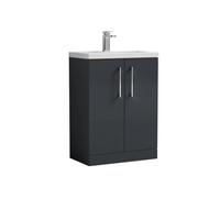 Floor Standing 2 Door Vanity Unit with Polymarble Basin, Soft Black, 600mm