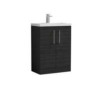 Balterley Level Compact Bathroom Cloakroom Vanity Basin Unit With Ceramic Basin, Brushed Pewter Handles, 600mm, Woodgrain Black