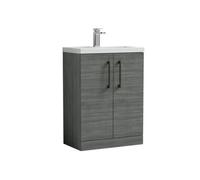 Balterley Level Compact Bathroom Cloakroom Vanity Basin Unit With Polymarble Basin, Black Handles, 600mm, Woodgrain Grey