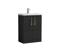 Balterley Level Compact Bathroom Cloakroom Vanity Basin Unit With Polymarble Basin, Brushed Brass Handles, 600mm, Woodgrain Black