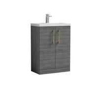Balterley Level Compact Bathroom Cloakroom Vanity Basin Unit With Polymarble Basin, Brushed Bronze Handles, 600mm, Woodgrain Grey