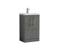 Balterley Level Compact Bathroom Cloakroom Vanity Basin Unit With Polymarble Basin, Brushed Bronze Handles, 500mm, Woodgrain Grey