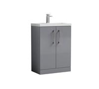 Balterley Level Compact Bathroom Cloakroom Vanity Basin Unit With Polymarble Basin, Brushed Pewter Handles, 600mm, Satin Grey
