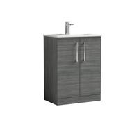 Balterley Level Contemporary Bathroom 2 Soft Close Door & Minimalist Floor Standing Vanity Unit Basin, Anthracite Woodgrain, 600mm