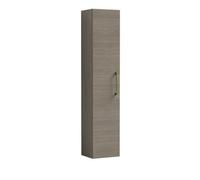 Modern Bathroom Wall Hung 1 Door Tall Storage Unit -Woodgrain Mid Oak with Brushed Brass Handle, 1433 x 300 x 235mm