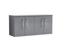 Balterley Level Modern Bathroom 1200mm Wall Hung 4-Door Vanity Unit with Laminate Worktop, Soft Close Doors, Satin Grey