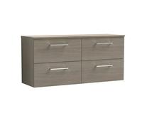 Balterley Level Modern Bathroom 1200mm Wall Hung 4 Soft Close Drawer Vanity Unit With Worktop, 557 X 1205 X 390mm, Solace Oak