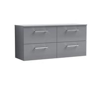 Balterley Level Modern Bathroom 1200mm Wall Hung 4 Soft Close Drawer Vanity Unit With Worktop, 557 X 1205 X 390mm, Satin Grey