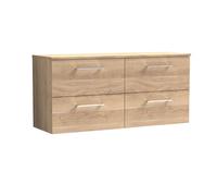 Balterley Level Modern Bathroom 1200mm Wall Hung 4 Soft Close Drawer Vanity Unit With Worktop, 558 X 1205 X 390mm, Bleached Oak