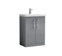 Balterley Level Modern Bathroom Floor Standing 2 Door Vanity & Mid-Edge Ceramic Basin, Satin Grey, 600mm