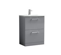 Balterley Level Modern Bathroom Floor Standing 2 Soft Close Drawer Vanity Unit & Curved Basin, Satin Grey, 600mm
