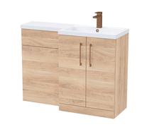 Balterley Light Oak Bathroom Vanity Unit with Basin & WC, Brushed Bronze Handles, Right Hand, 1100mm x 390mm