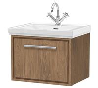 Longnor 1 Drawer Wall Hung Vanity Unit with 1 Tap Hole Traditional Fireclay Basin, Antique Oak, 600mm