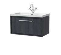 Longnor 1 Drawer Wall Hung Vanity Unit with 1 Tap Hole Modern Fireclay Basin, Woodgrain Graphite Grey, 800mm