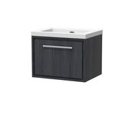 Longnor 1 Drawer Wall Hung Vanity Unit with 1 Tap Hole Modern Fireclay Basin, Woodgrain Graphite Grey, 600mm