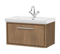 Longnor 1 Drawer Wall Hung Vanity Unit with 1 Tap Hole Traditional Fireclay Basin, Antique Oak, 800mm