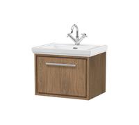 Longnor 1 Drawer Wall Hung Vanity Unit with 1 Tap Hole Traditional Fireclay Basin, Antique Oak, 600mm