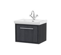 Longnor 1 Drawer Wall Hung Vanity Unit with 1 Tap Hole Traditional Fireclay Basin, Woodgrain Graphite Grey, 600mm