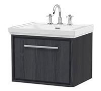 Balterley Longnor 1 Drawer Wall Hung Vanity Unit With 3 Tap Hole Traditional Fireclay Basin, Woodgrain Graphite Grey, 600mm