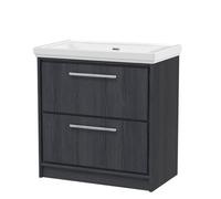Balterley Longnor 2 Drawer Floor Standing Vanity Unit With 0 Tap Hole Traditional Fireclay Basin, Woodgrain Graphite Grey, 800mm