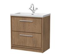 Longnor 2 Drawer Floor Standing Vanity Unit with 1 Tap Hole Modern Fireclay Basin, Antique Oak, 800mm