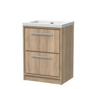 Balterley Longnor 2 Drawer Floor Standing Vanity Unit With 1 Tap Hole Modern Fireclay Basin, Light Oak, 600mm