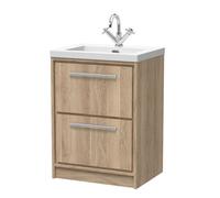 Balterley Longnor 2 Drawer Floor Standing Vanity Unit With 1 Tap Hole Modern Fireclay Basin, Light Oak, 600mm