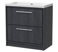 Longnor 2 Drawer Floor Standing Vanity Unit with 1 Tap Hole Modern Fireclay Basin, Woodgrain Graphite Grey, 800mm
