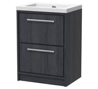 Longnor 2 Drawer Floor Standing Vanity Unit with 1 Tap Hole Modern Fireclay Basin, Woodgrain Graphite Grey, 600mm