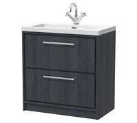 Longnor 2 Drawer Floor Standing Vanity Unit with 1 Tap Hole Modern Fireclay Basin, Woodgrain Graphite Grey, 800mm