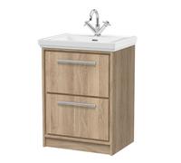 Longnor 2 Drawer Floor Standing Vanity Unit with 1 Tap Hole Traditional Fireclay Basin, Light Oak, 600mm