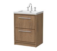 Balterley Longnor 2 Drawer Floor Standing Vanity Unit With 3 Tap Hole Modern Fireclay Basin, Antique Oak, 600mm